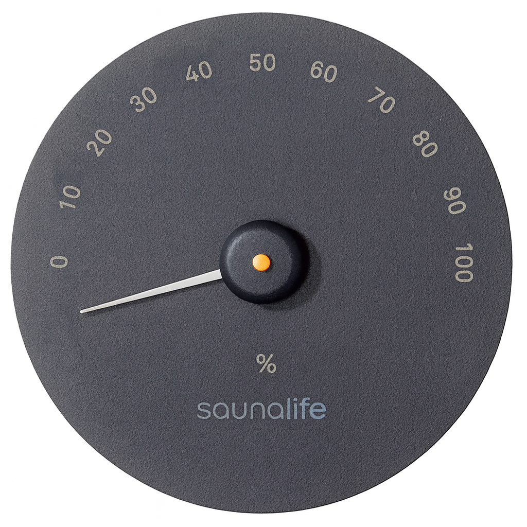 SaunaLife hygrometer for home spa with black dial and humidity percentage display
