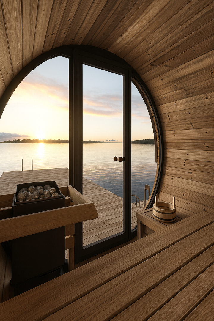 Interior view of SaunaLife Model EE6G barrel sauna with wooden benches and glass door overlooking lake at sunset