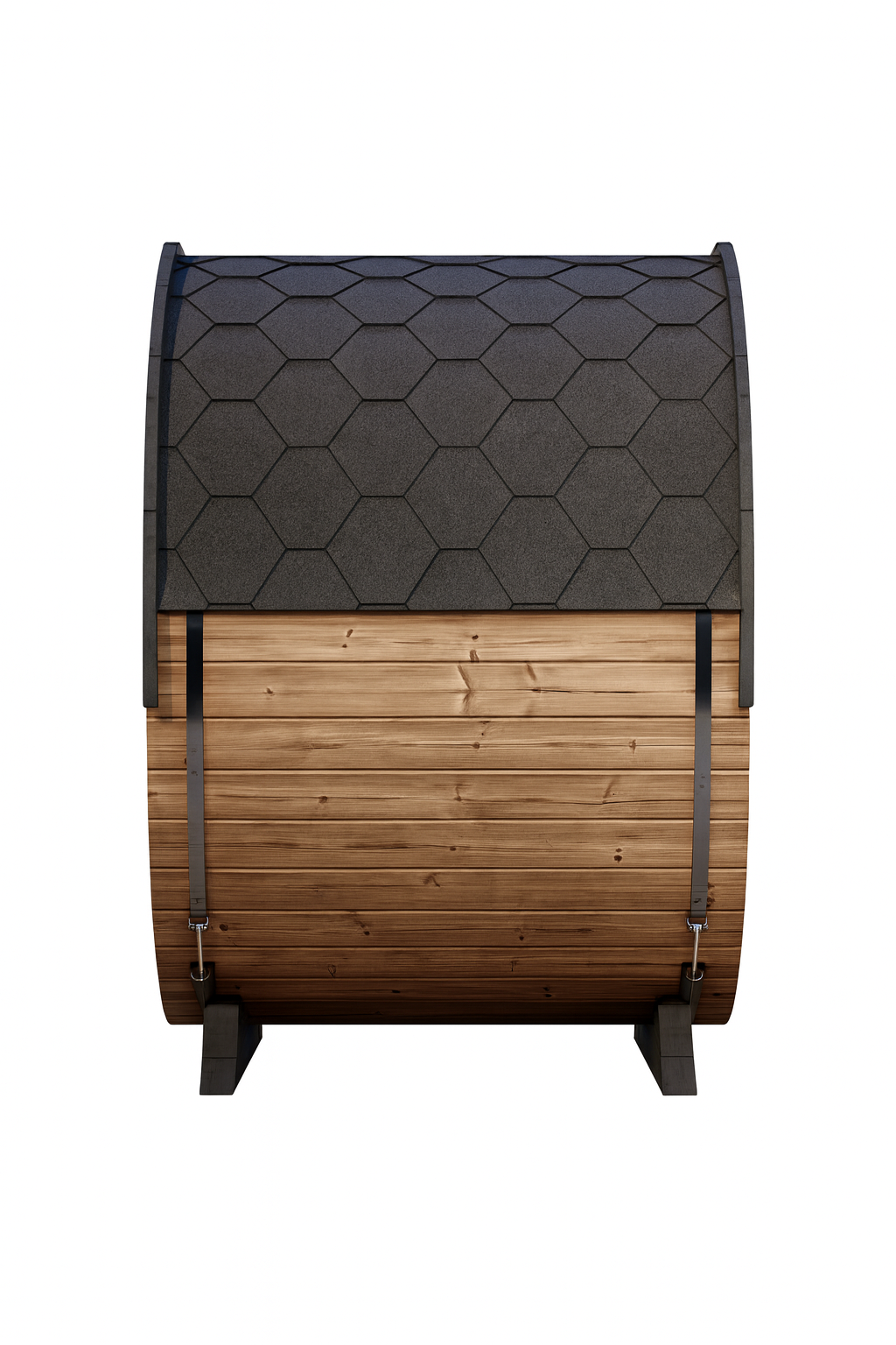 SaunaLife Model EE6G barrel sauna with wooden body and dark hexagonal shingled roof
