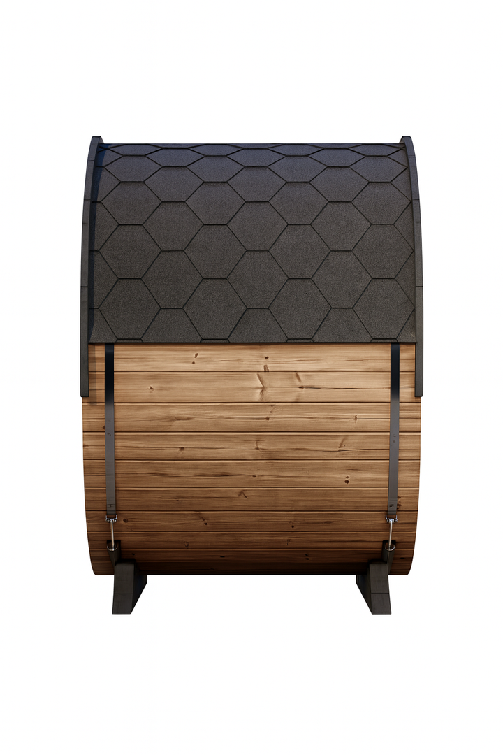 SaunaLife Model EE6G barrel sauna with wooden body and dark hexagonal shingled roof