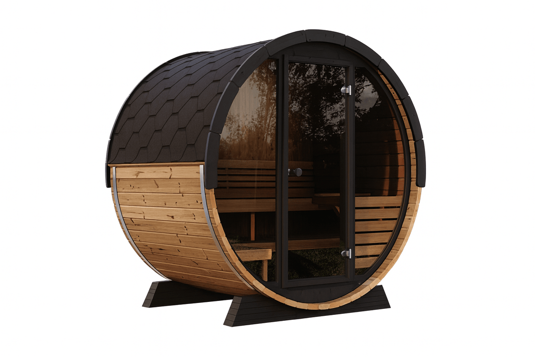 SaunaLife Model EE6G Barrel Sauna with curved wood design and glass door for outdoor relaxation