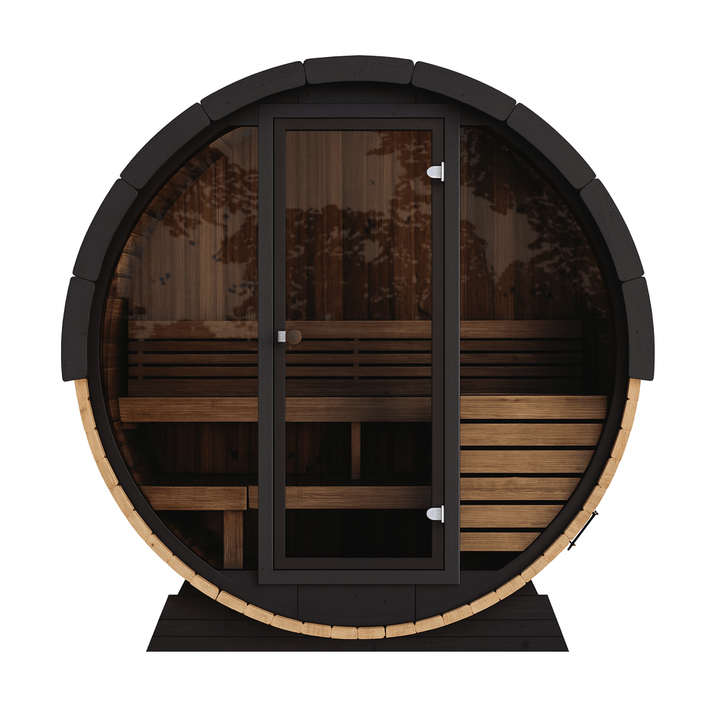 SaunaLife Model EE6G Barrel Sauna with wooden benches and a sleek glass door design