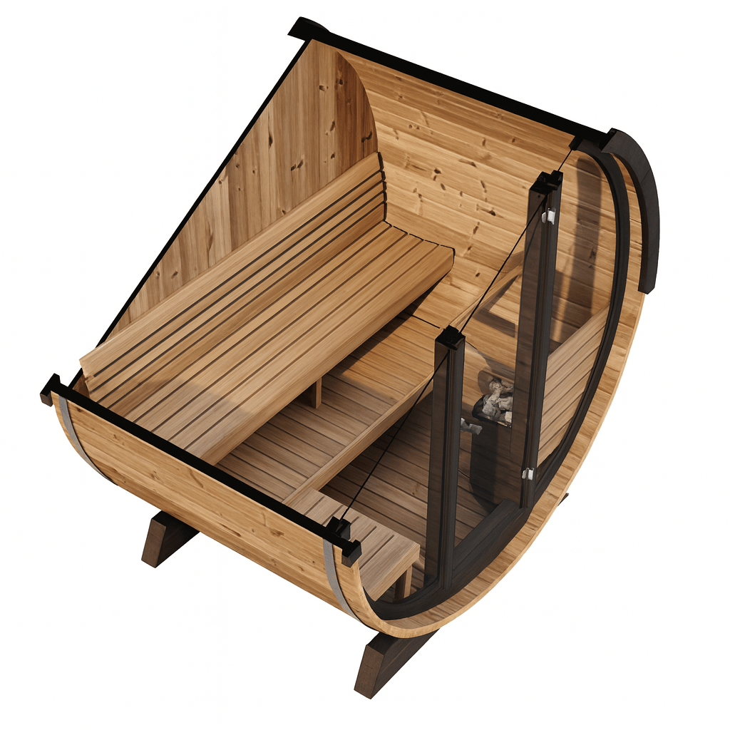 Barrel sauna design featuring the SaunaLife Model EE6G with wooden benches and glass door