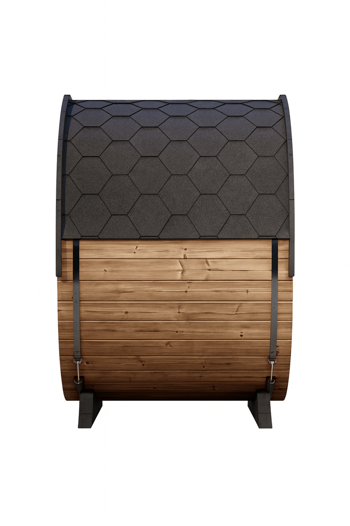 SaunaLife Model EE6G Barrel Sauna with Rustic Wood Finish and Durable Roof for Outdoor Relaxation