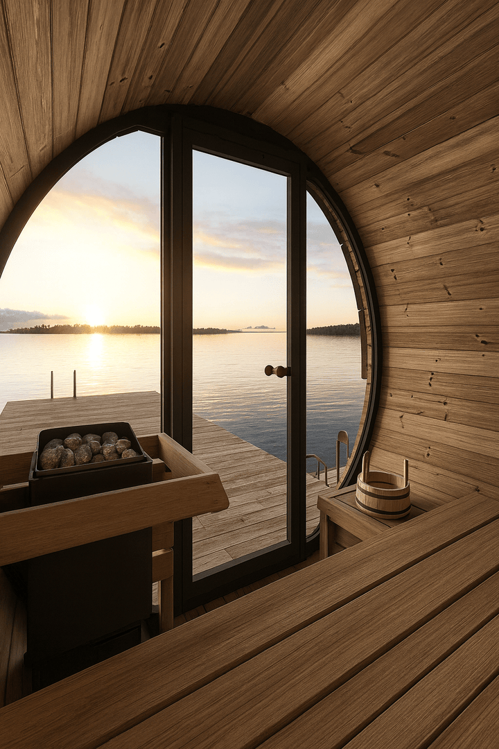 Interior view of SaunaLife Model EE6G barrel sauna with a lake sunset and wooden seating