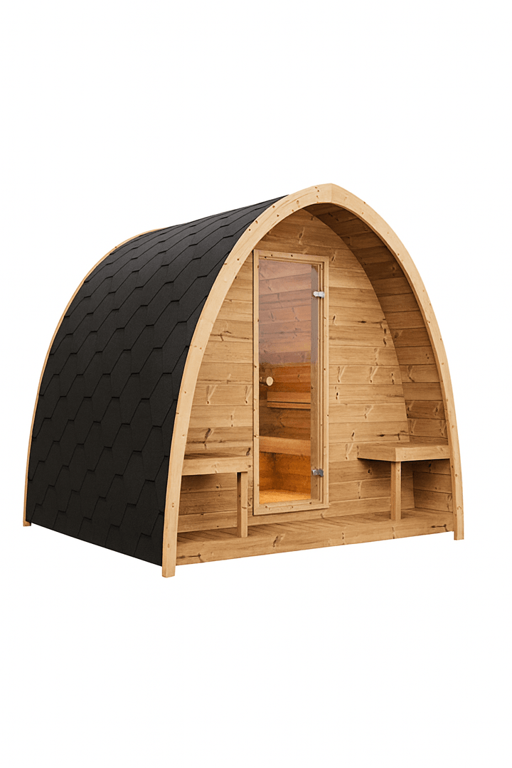Traditional SaunaLife Model G3 review featuring a wooden sauna with an arched design and black roof
