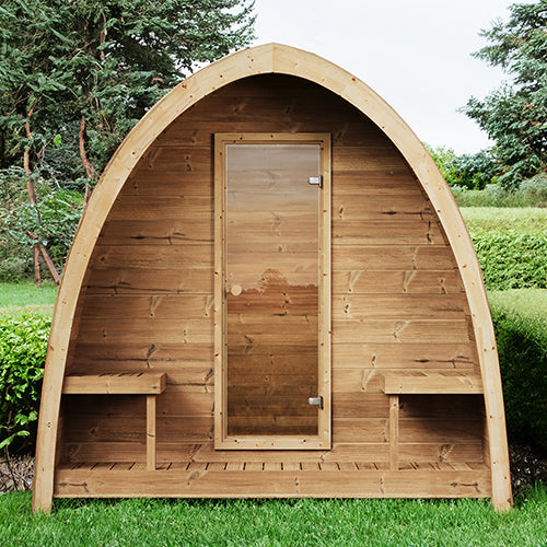 SaunaLife Model G3 review traditional outdoor sauna with curved wood design and glass door