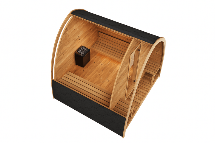 Traditional SaunaLife Model G3 with wooden benches and heater, perfect for relaxation and wellness sessions