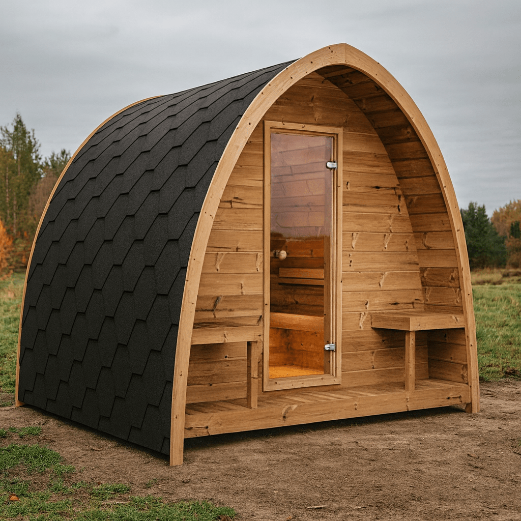 SaunaLife Model G3 review of a traditional sauna with a wooden exterior and arched roof in a natural setting