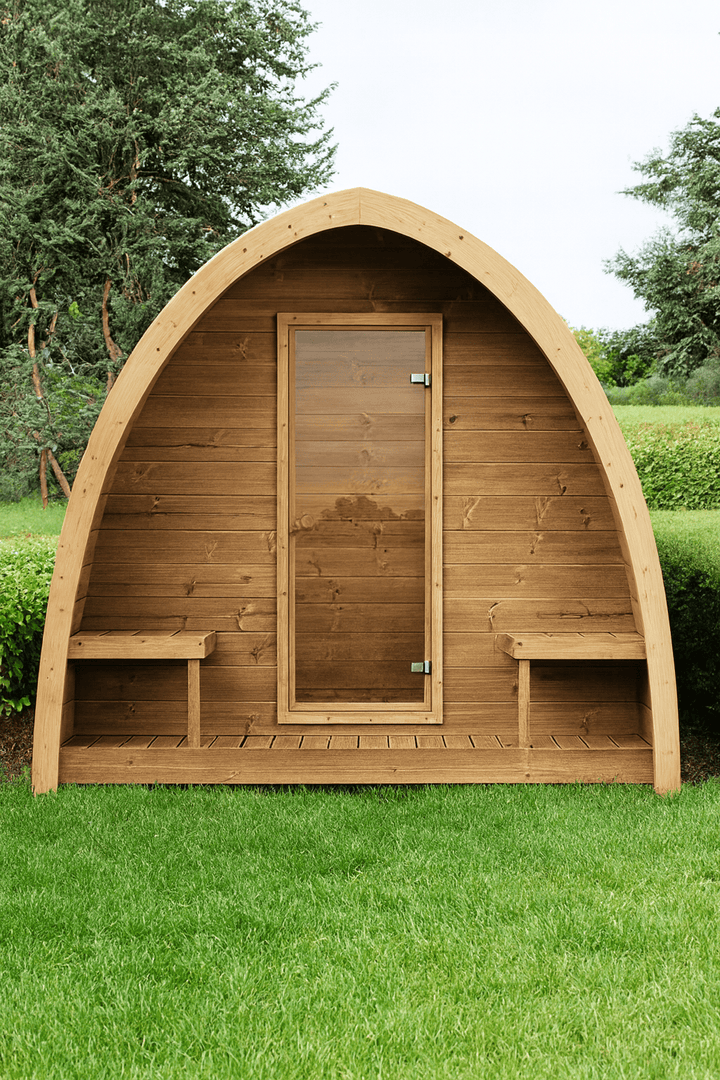 SaunaLife Model G3 review showcasing a traditional outdoor sauna with a wooden construction and seating areas