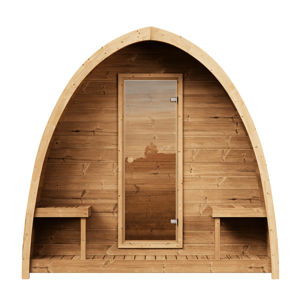 Traditional wooden sauna from SaunaLife featuring a curved design and spacious interior, perfect for relaxation and SaunaLife Model G3 review.