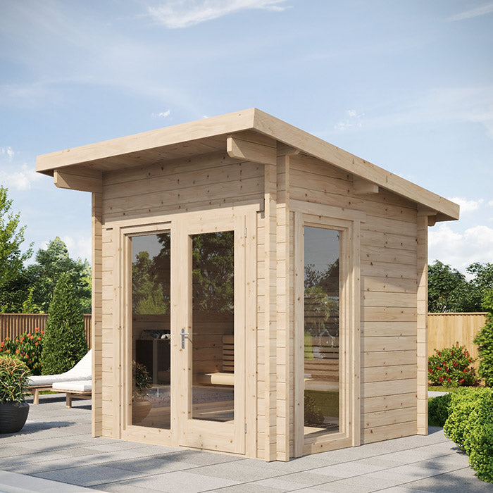 SaunaLife Model G4 outdoor sauna made of light wood with glass door and windows in backyard