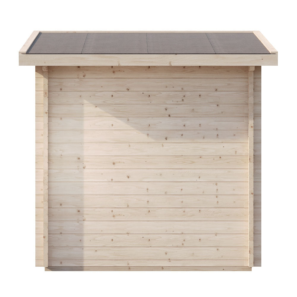 SaunaLife Model G4 outdoor sauna back view showing natural wood paneling and flat roof design