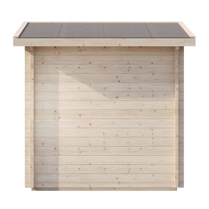 SaunaLife Model G4 outdoor sauna back view showing natural wood paneling and flat roof design