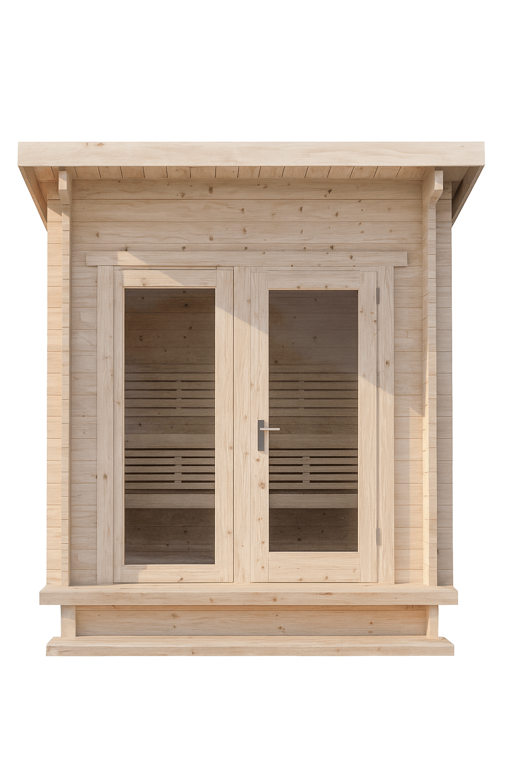 SaunaLife Model G4 outdoor sauna featuring wooden construction and spacious interior with benches