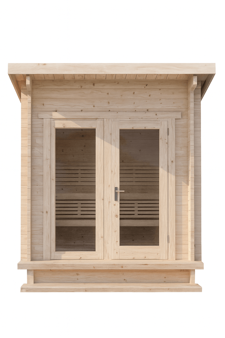 SaunaLife Model G4 outdoor sauna featuring wooden construction and spacious interior with benches