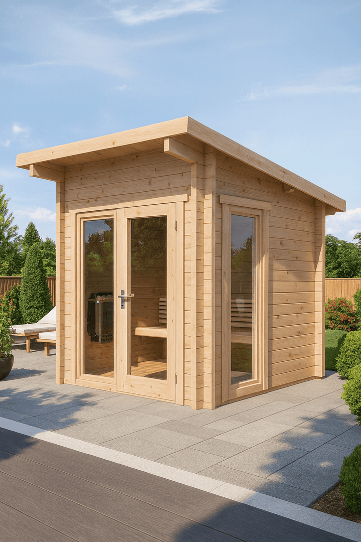 SaunaLife Model G4 outdoor sauna in a serene backyard setting with a wooden exterior