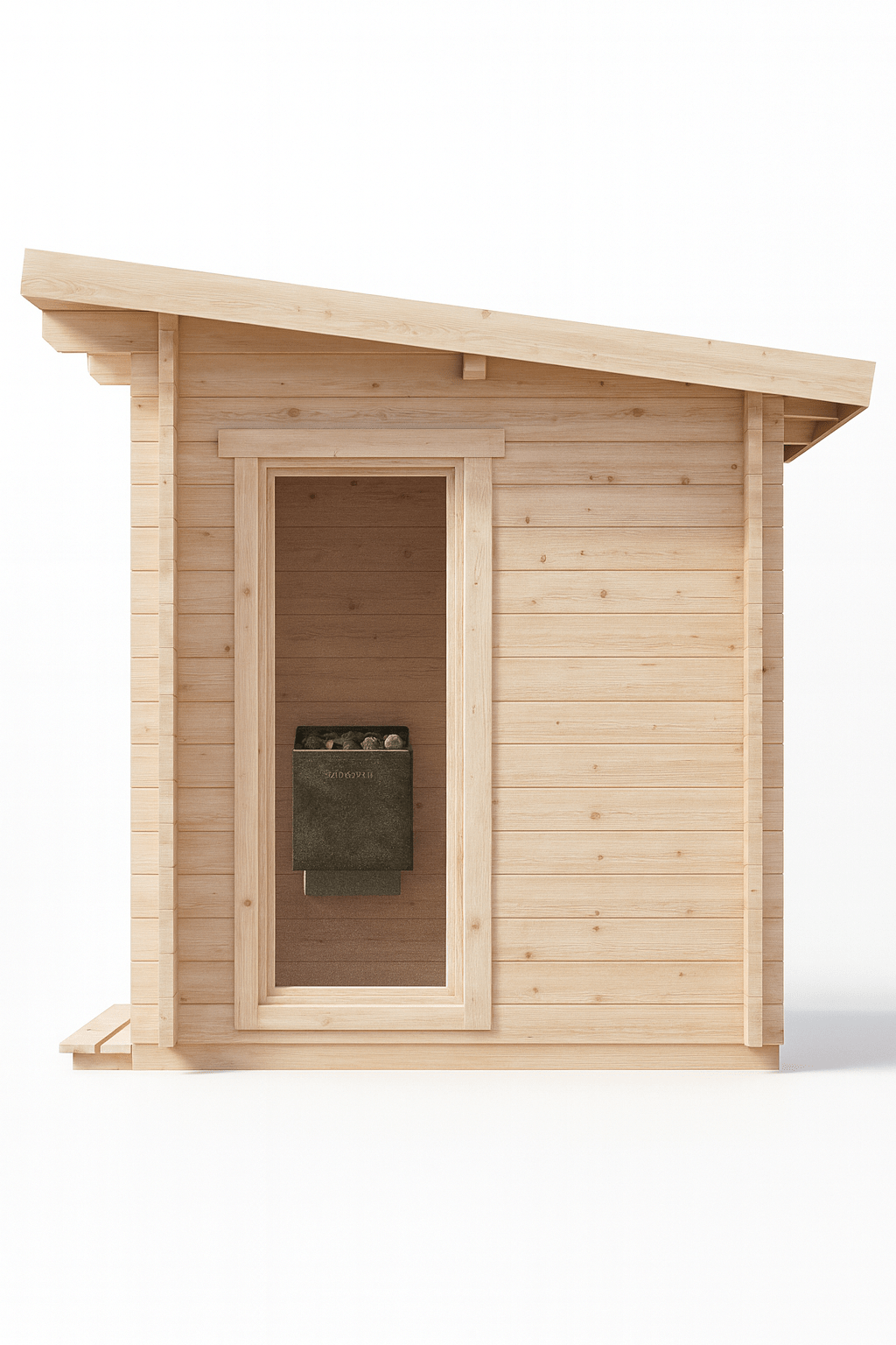 SaunaLife Model G4 outdoor sauna made of natural wood with a sloped roof and side door