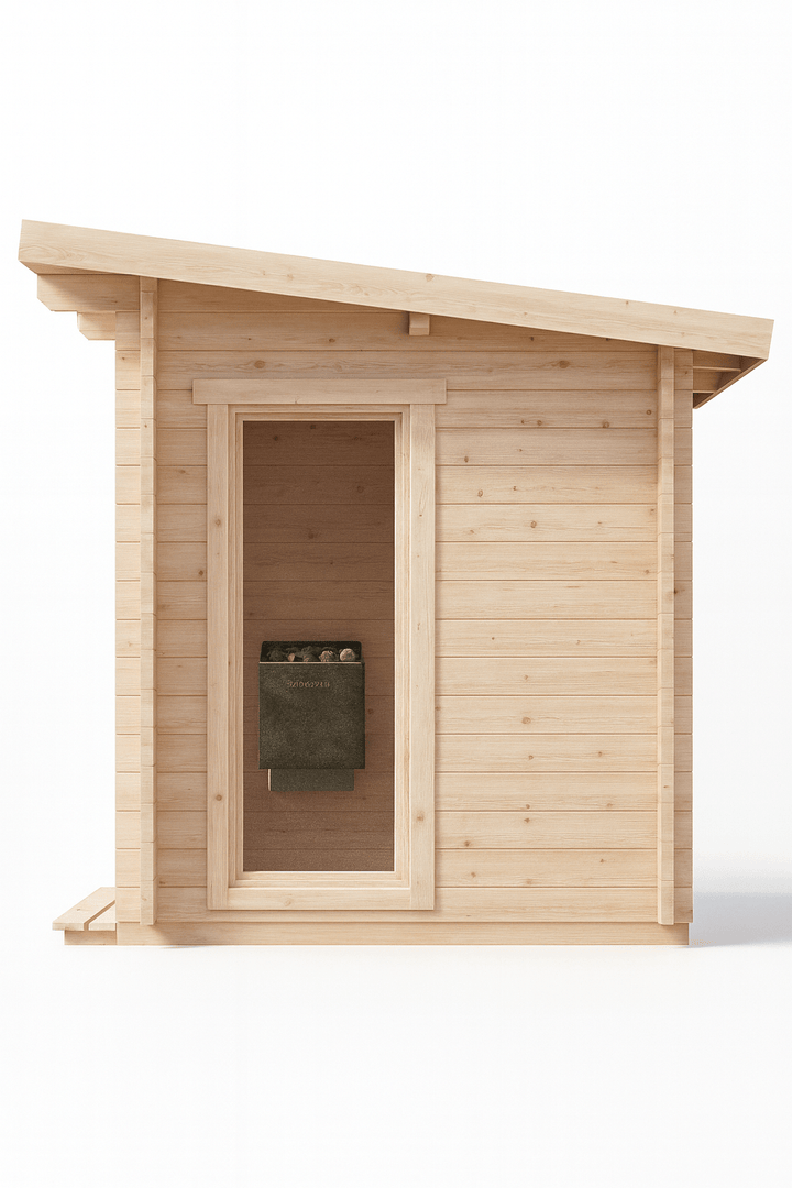 SaunaLife Model G4 outdoor sauna made of natural wood with a sloped roof and side door
