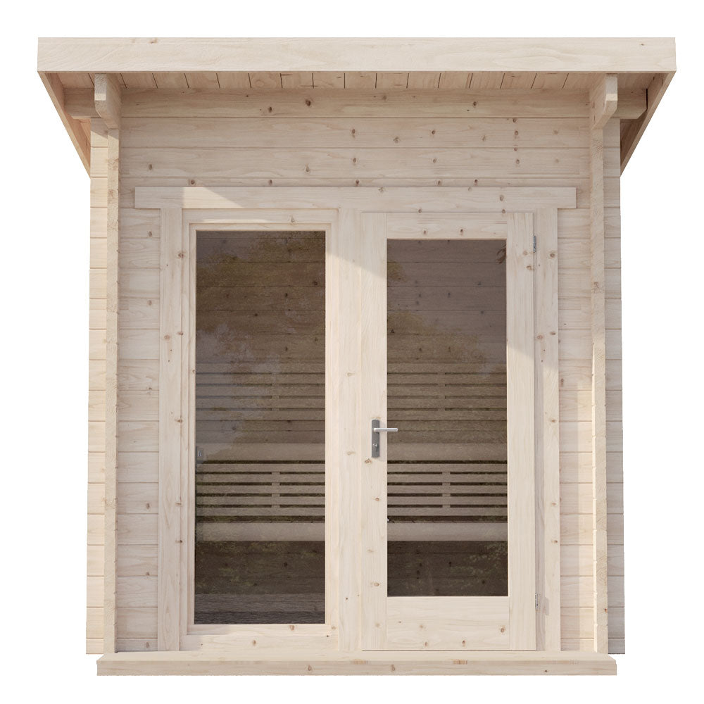 SaunaLife Model G4 outdoor sauna with wooden exterior and glass door panels for outdoor relaxation