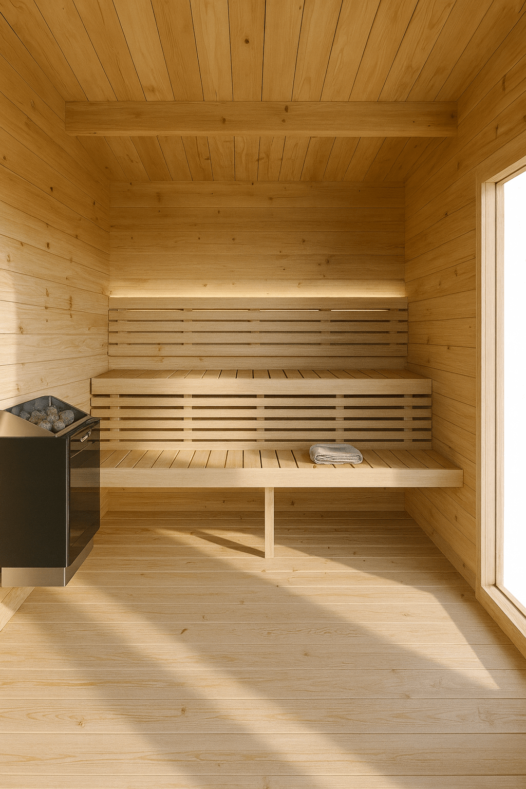 Interior of SaunaLife Model G4 outdoor sauna featuring wooden benches and stove