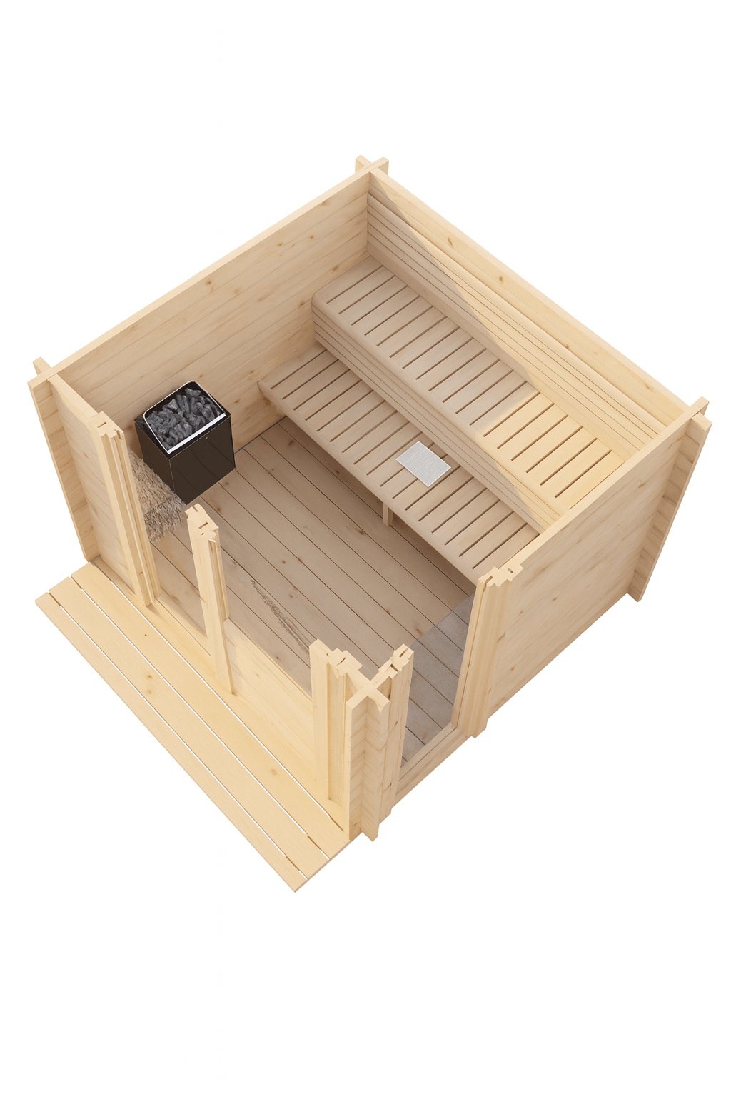 SaunaLife Model G4 outdoor sauna featuring wooden benches and a stone heater for a relaxing experience