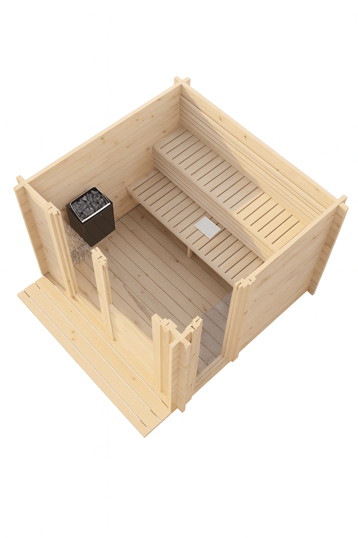 SaunaLife Model G4 outdoor sauna featuring wooden benches and a stone heater for a relaxing experience