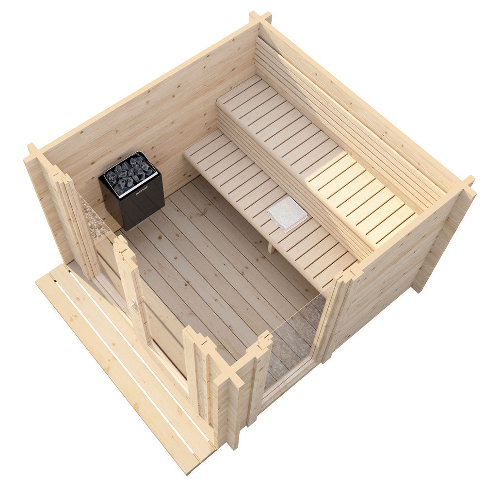 SaunaLife Model G4 outdoor sauna with wooden interior, bench seating, and heater unit