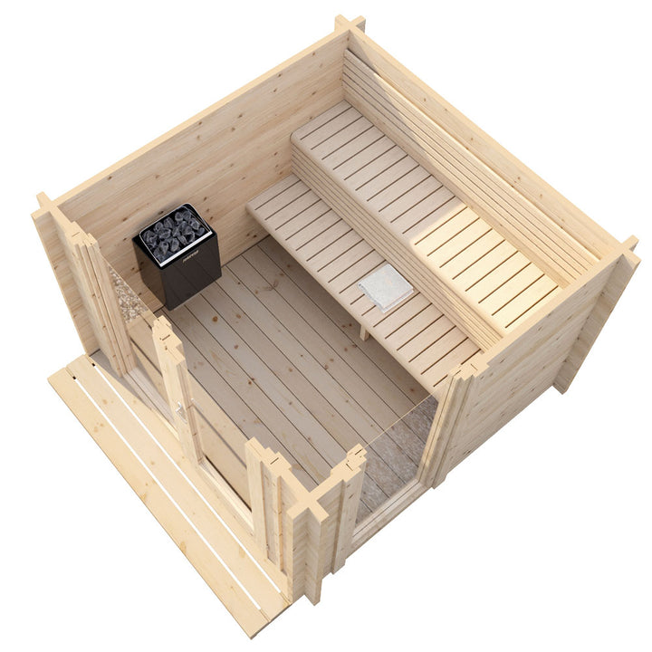 SaunaLife Model G4 outdoor sauna with wooden interior, bench seating, and heater unit