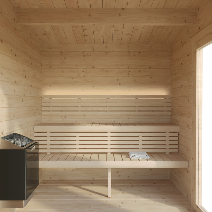 Interior view of SaunaLife Model G4 outdoor sauna with wooden benches and heater inside
