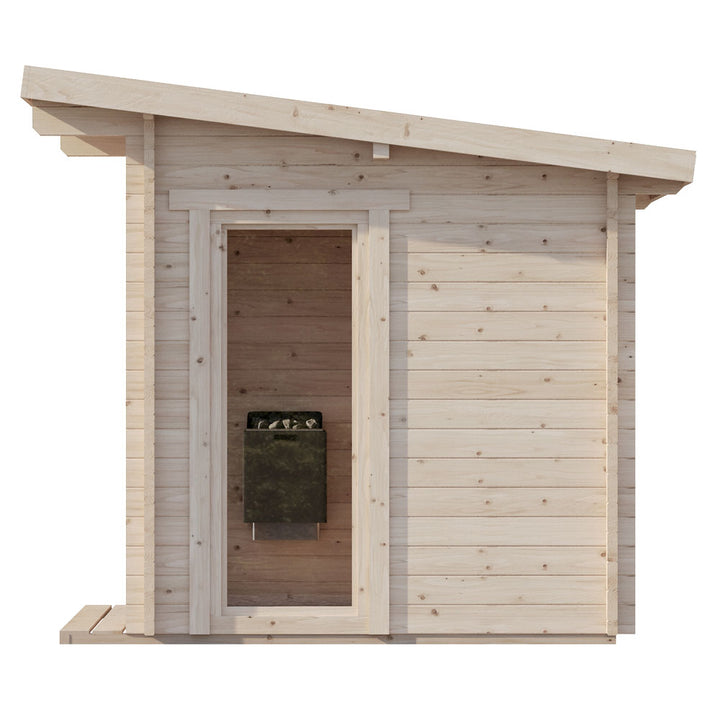 SaunaLife Model G4 outdoor sauna made of light wood with glass door and heater inside