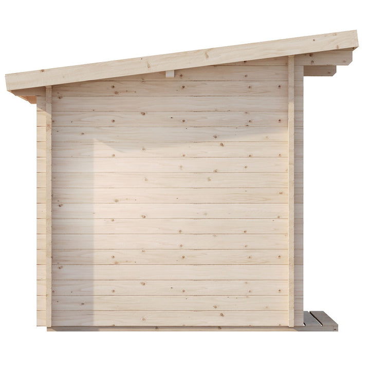 Side view of SaunaLife Model G4 outdoor sauna with light natural wood panels and slanted roof