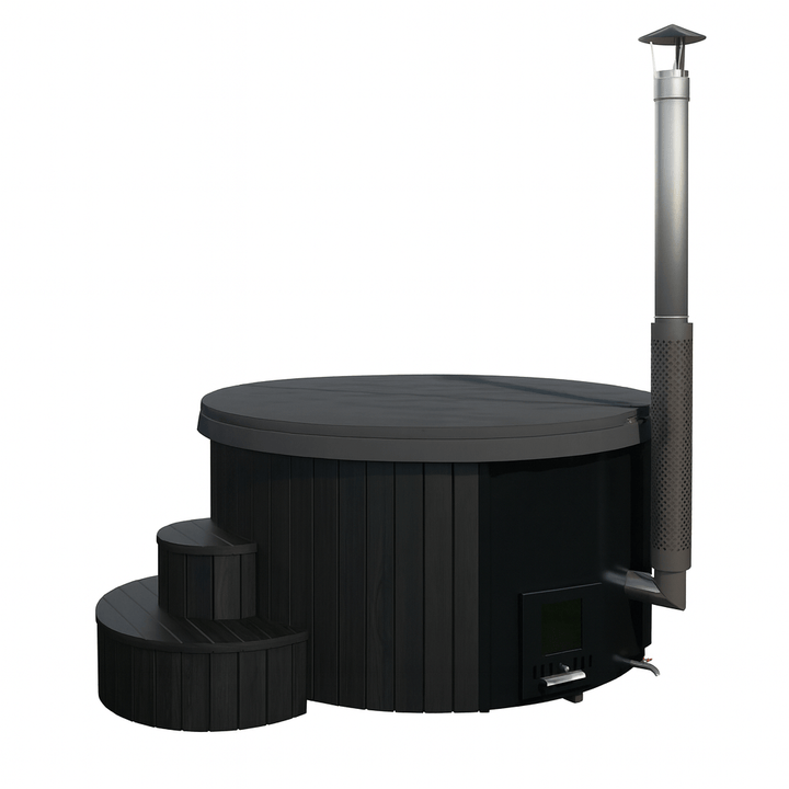 SaunaLife Model S4B hot tub with sleek design and wood-like finish, featuring a built-in heater and stairs