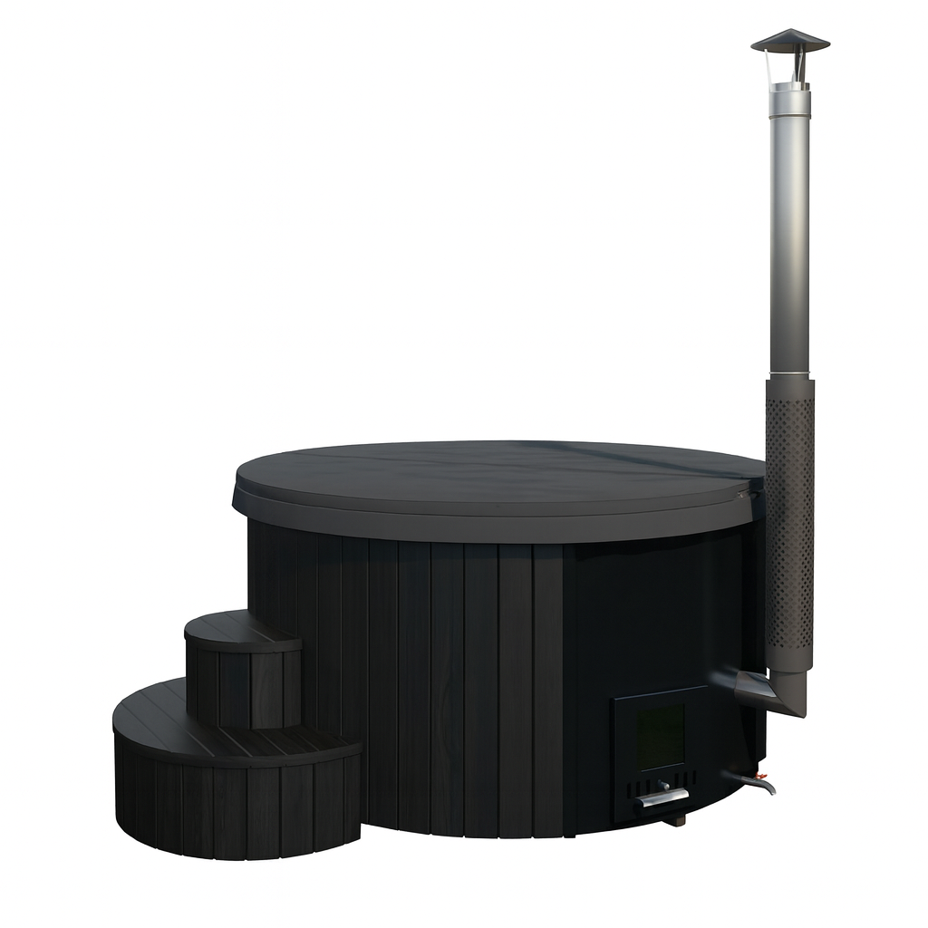 SaunaLife Model S4B hot tub in black with round design and metal chimney with two-step wooden stairs