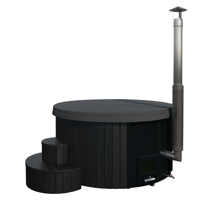 SaunaLife Model S4B hot tub in black with round design and metal chimney with two-step wooden stairs