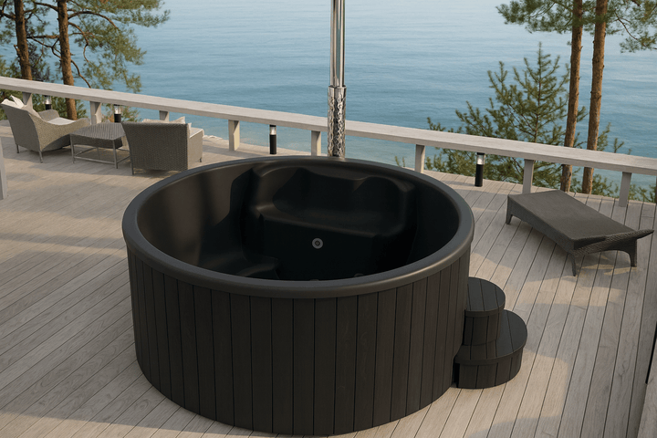 SaunaLife Model S4B hot tub on a deck overlooking a serene lake view with outdoor seating