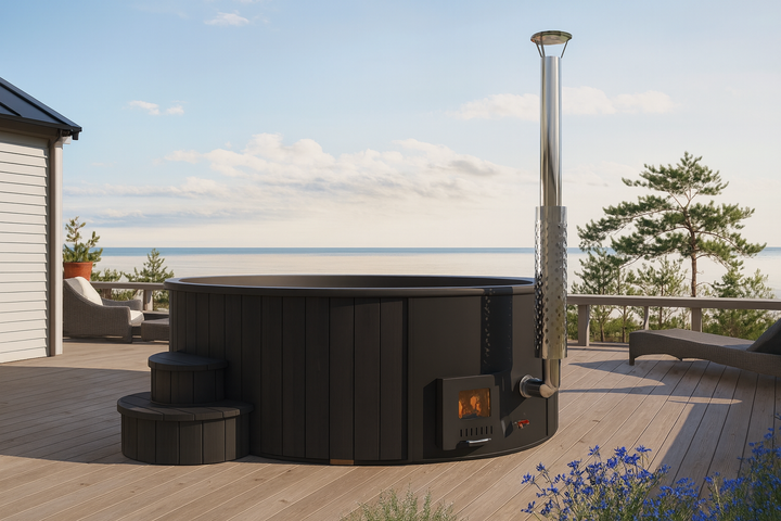 SaunaLife Model S4B hot tub with wood stove heater on an outdoor wooden deck with ocean view