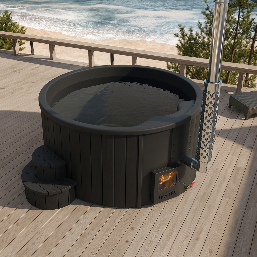 SaunaLife Model S4B hot tub black round outdoor wood-fired spa with steps on deck by the beach