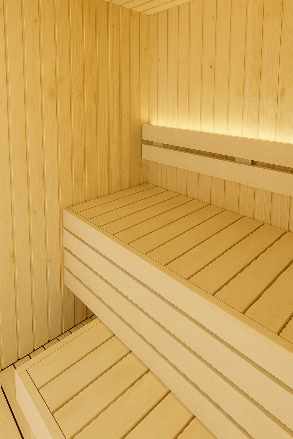 Interior view of SaunaLife Model X2 XPERIENCE Series with wooden benches and warm lighting