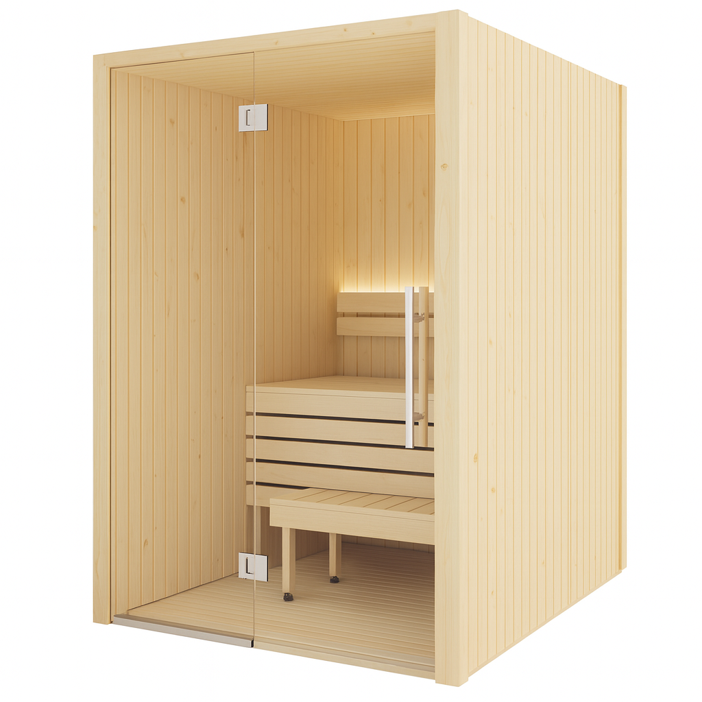 SaunaLife Model X2 XPERIENCE Series traditional sauna with light wood finish and glass door