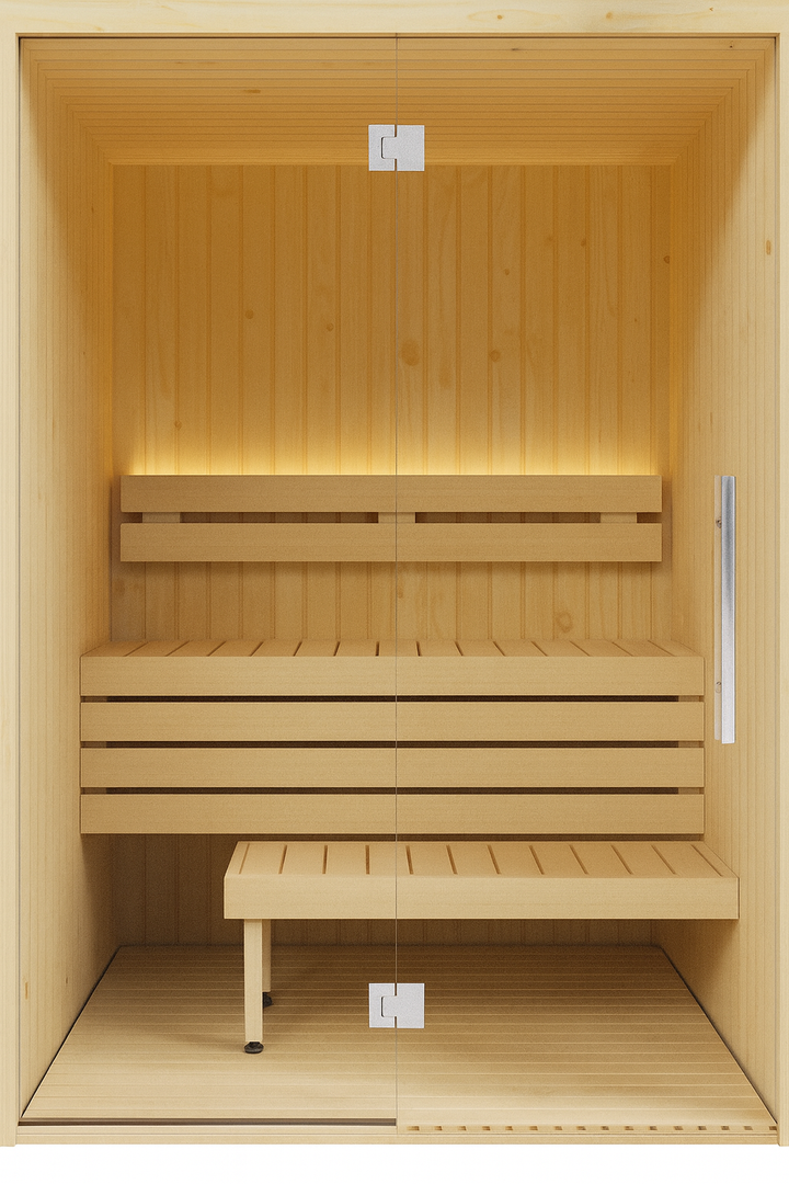SaunaLife Model X2 XPERIENCE Series traditional sauna with wooden interior and glass door