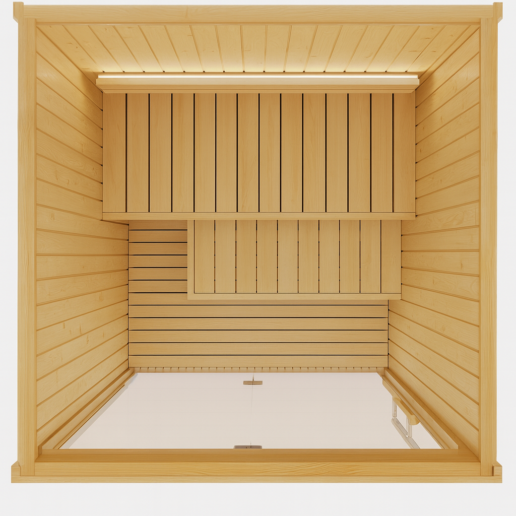 Top view of SaunaLife Model X2 XPERIENCE Series traditional sauna with wooden benches and glass door