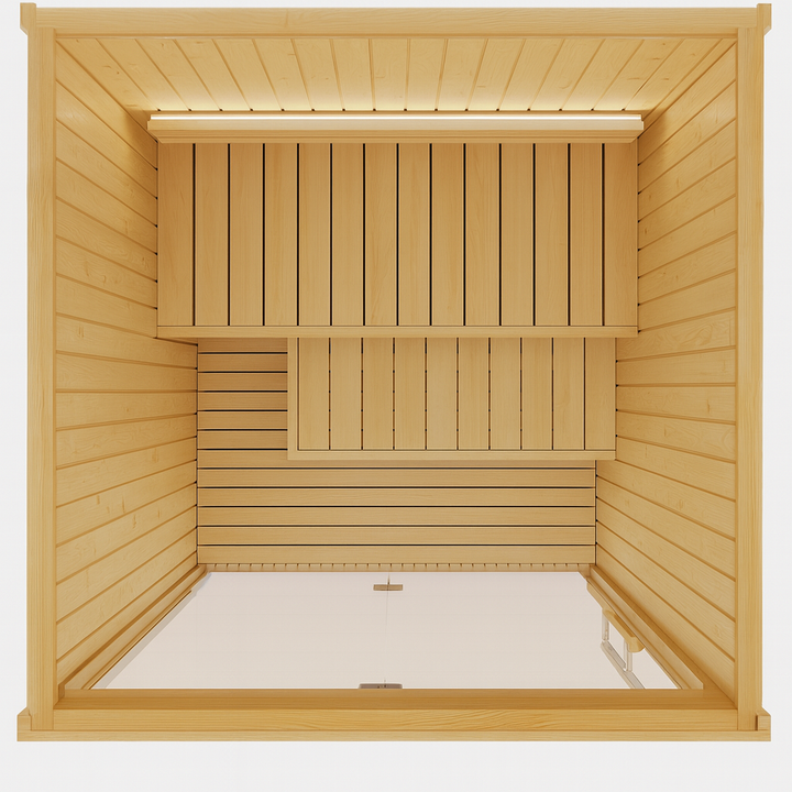Top view of SaunaLife Model X2 XPERIENCE Series traditional sauna with wooden benches and glass door