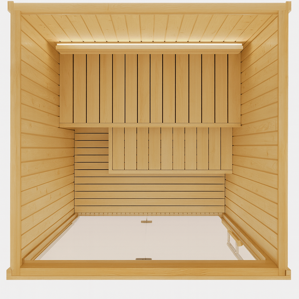 Interior view of SaunaLife Model X2 XPERIENCE Series with wooden benches and relaxing ambiance