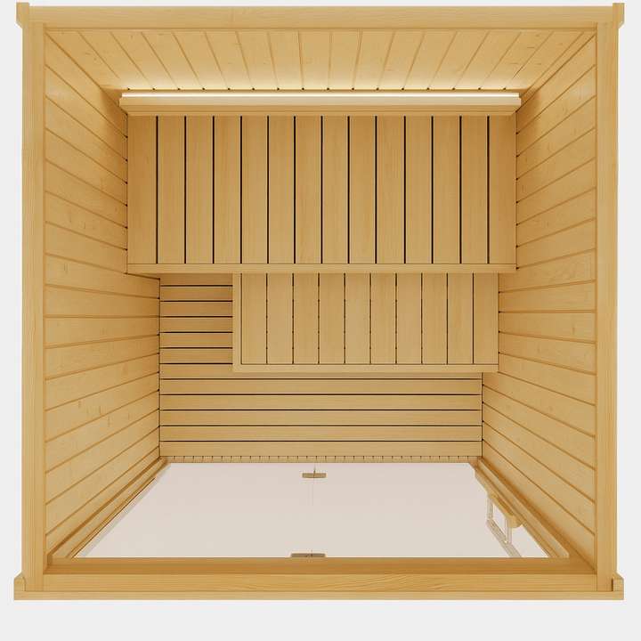 Interior view of SaunaLife Model X2 XPERIENCE Series with wooden benches and relaxing ambiance