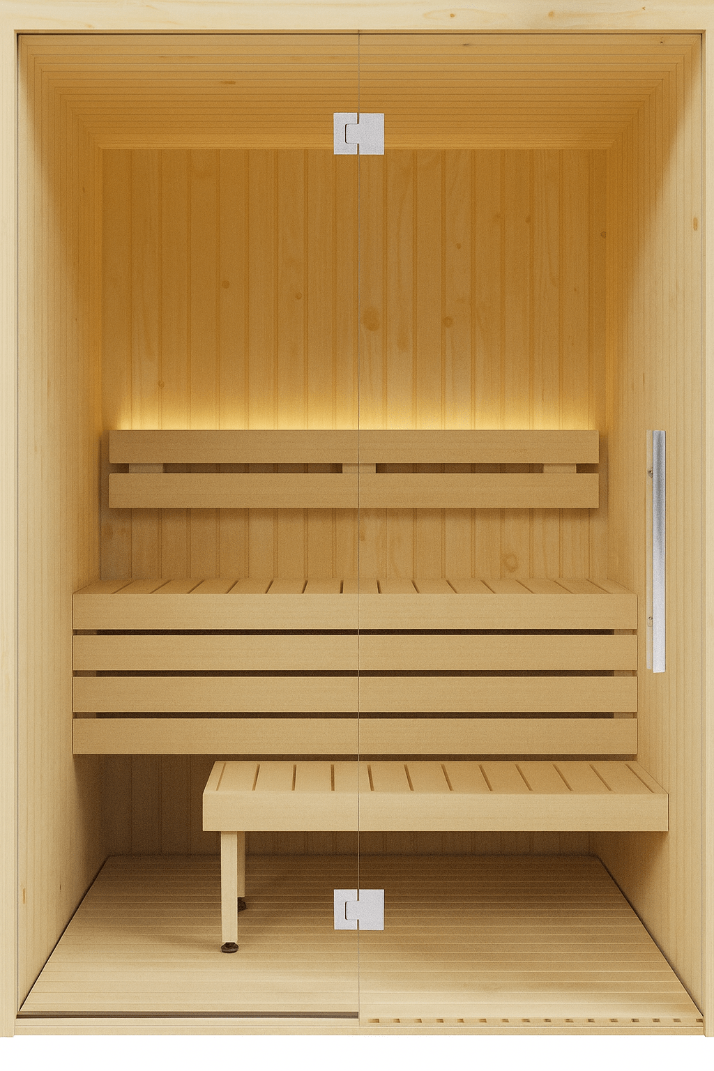Traditional Sauna interior with benches and warm lighting, featuring SaunaLife Model X2 XPERIENCE Series