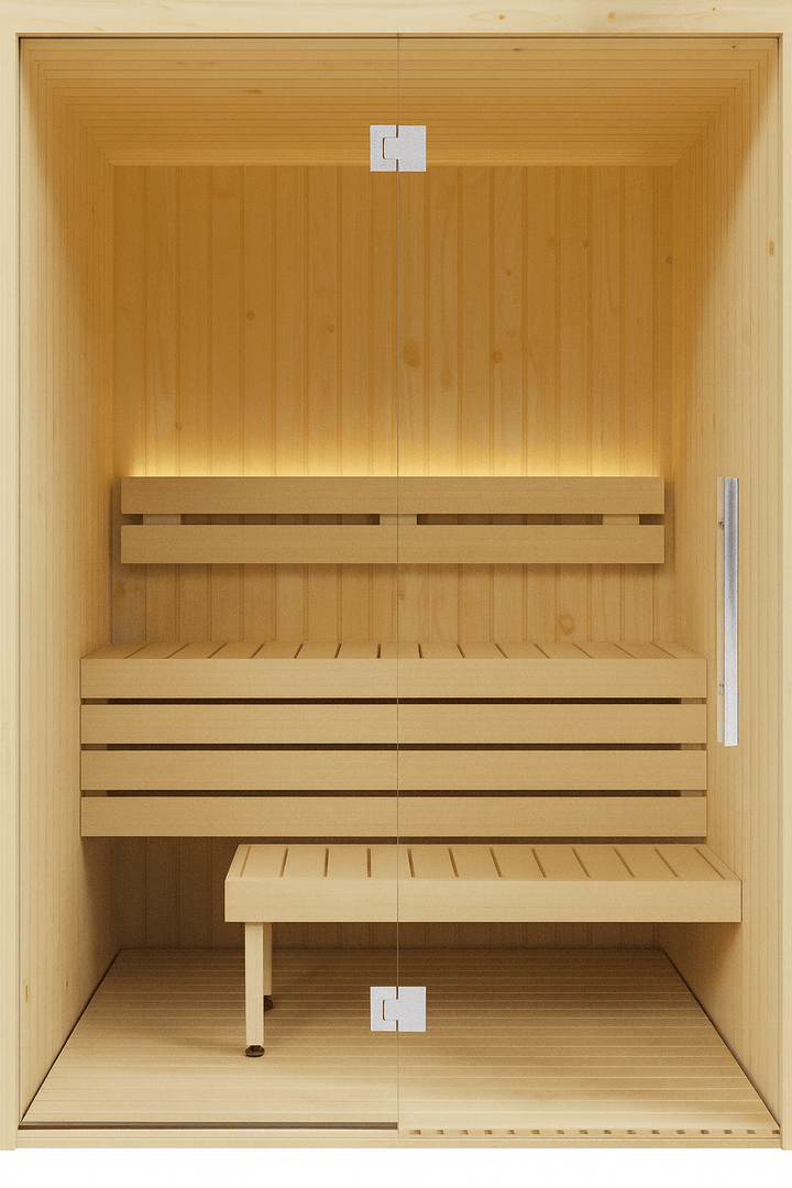 Traditional Sauna interior with benches and warm lighting, featuring SaunaLife Model X2 XPERIENCE Series