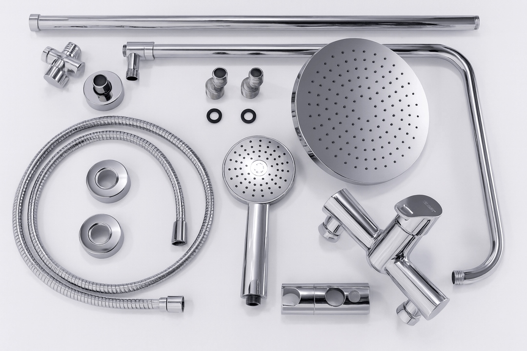 SaunaLife Rain-Series barrel shower chrome components including showerhead, handles, and hoses