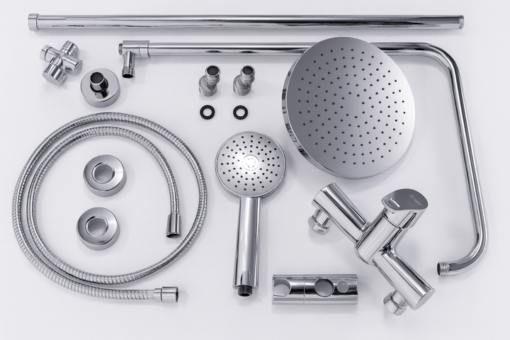 SaunaLife Rain-Series barrel shower chrome components including showerhead, handles, and hoses