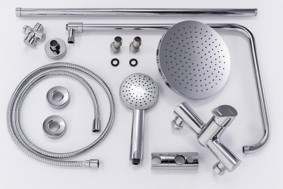 SaunaLife Rain-Series barrel shower chrome showerhead and handheld shower kit components